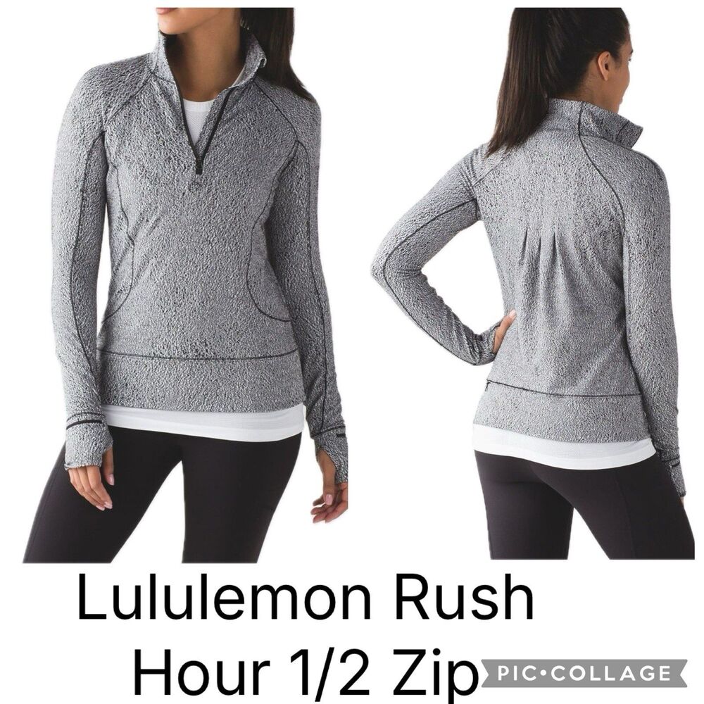 Z5)Lululemon Spray Jacquard Black White Rush Hour 1/2 Zip Long Sleeve Top Size2
